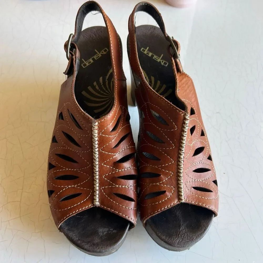 Dansko Rowena slingback sandals,brown leather upper with a distinctive laser-cut